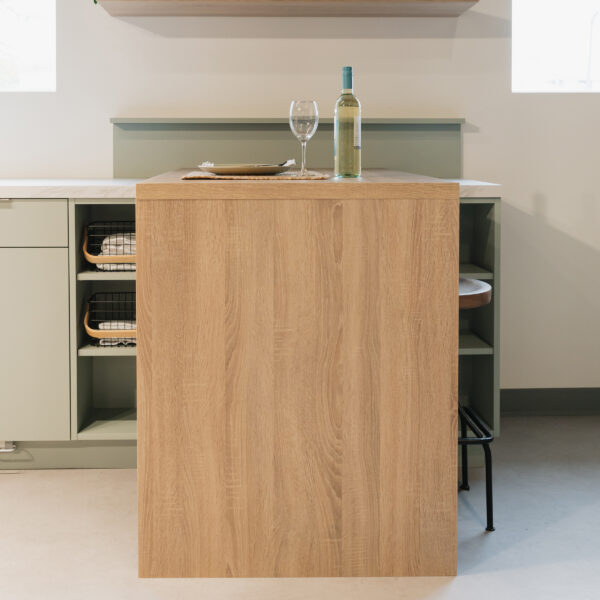 Brown and light green kitchen