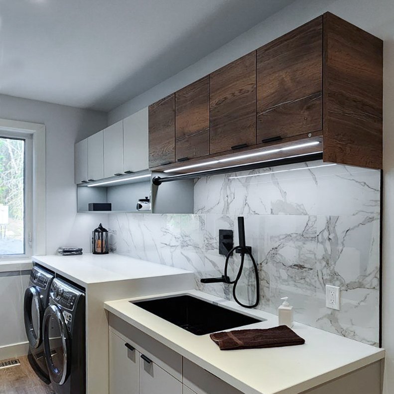 Light Sunset grey material colour kitchen with Sage and Pewter Halifax Oak accents