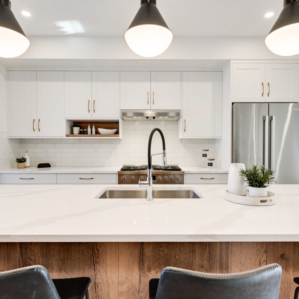 White kitchen with Tobacco Halifax Oak Material accents