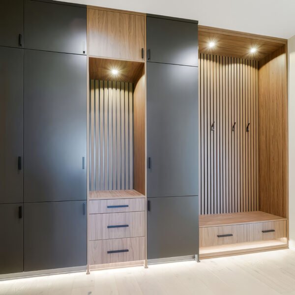 Modern Mudroom in Natural Carini Walnut (TFL) and Black Panther (HDF) colours